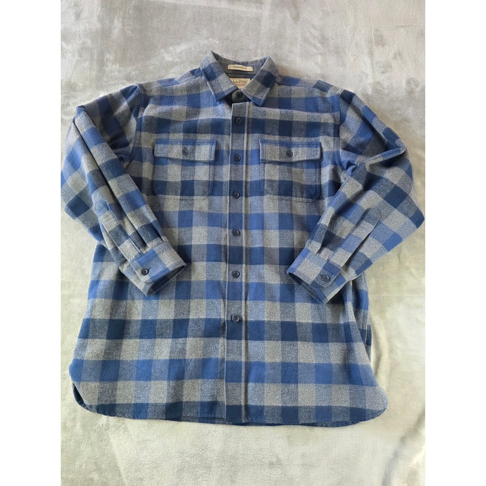 LL Bean Chamois Cloth Shirt Mens Large Blue Gray Plaid Traditional Fit 277981
